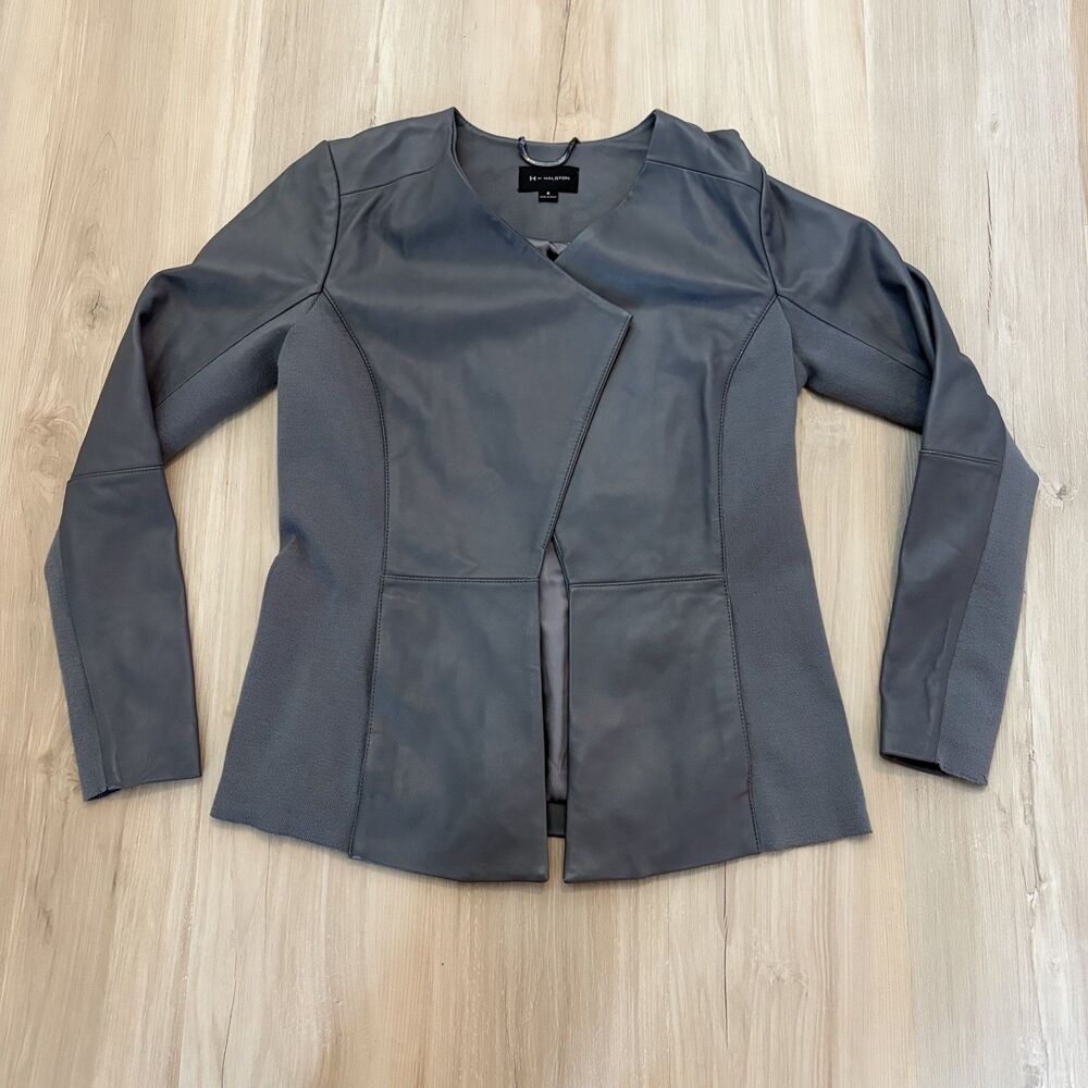 H by Halston Grey Leather with Side Stretch Knit Panels Pockets Jacket Sz 8
